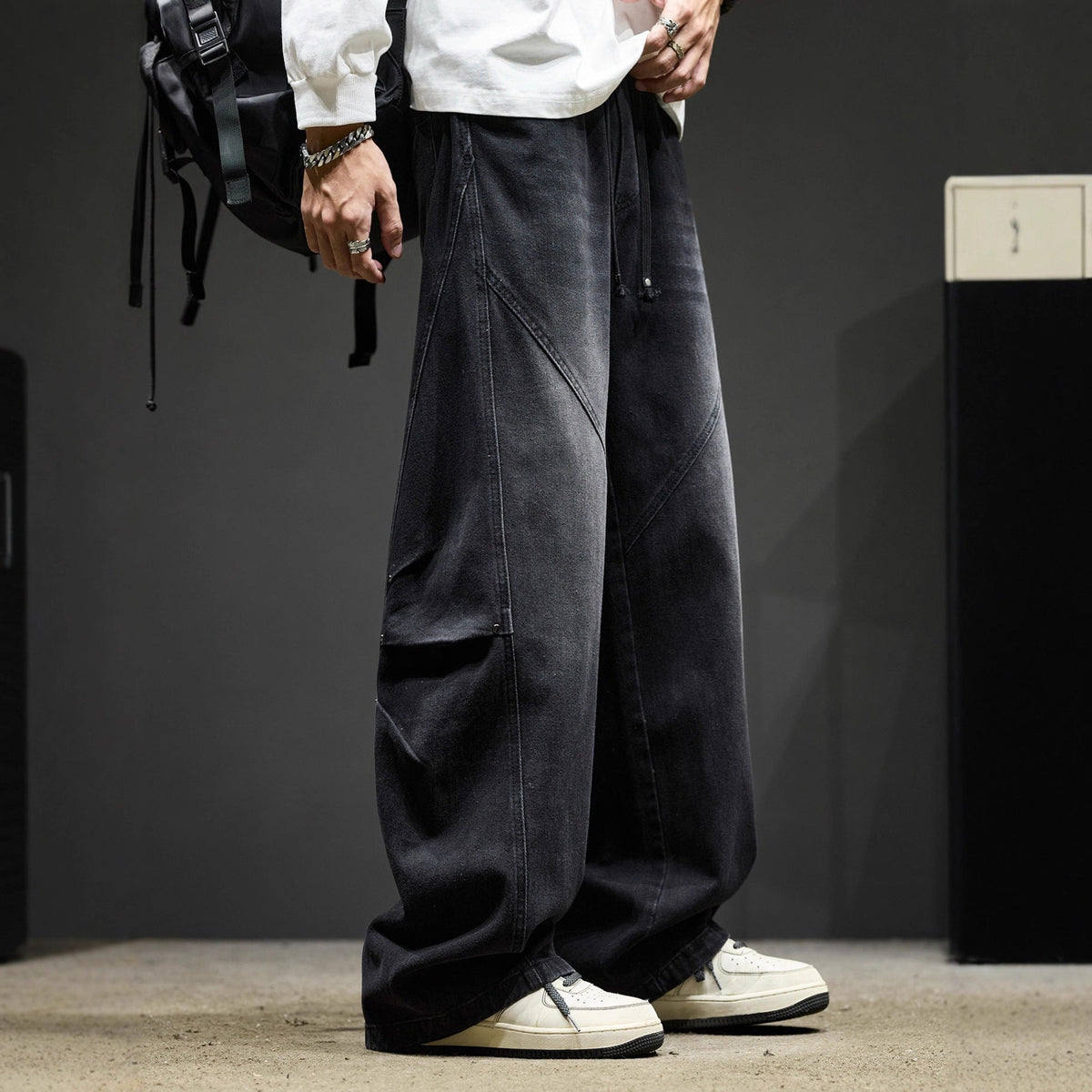Stonewash Utility Wide-Leg Jeans