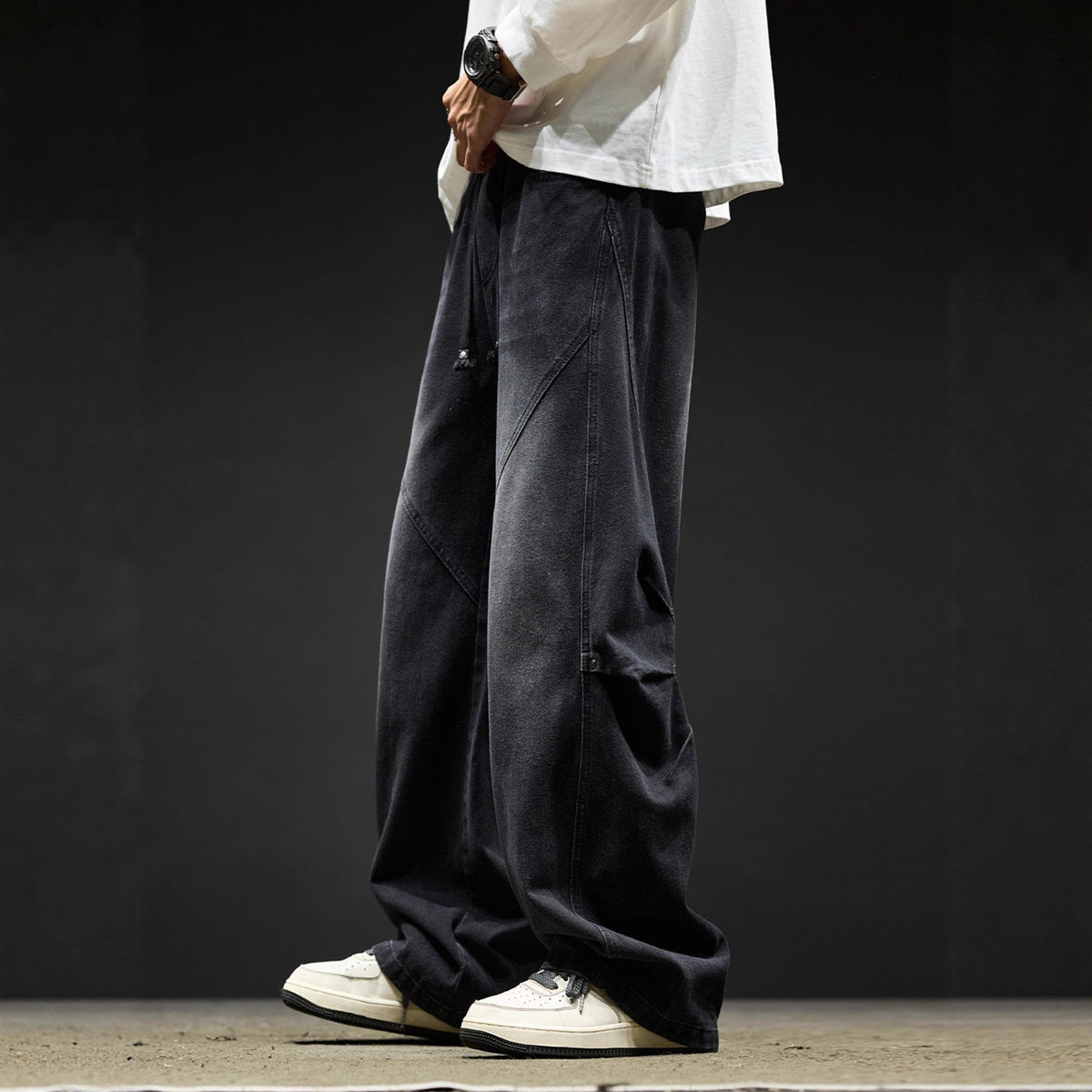 Stonewash Utility Wide-Leg Jeans