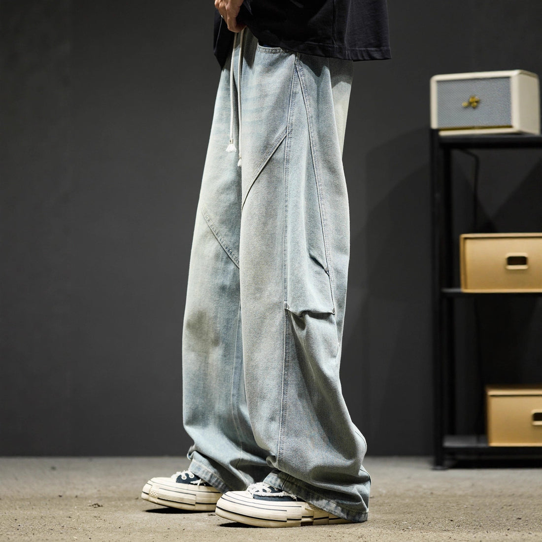 Stonewash Utility Wide-Leg Jeans